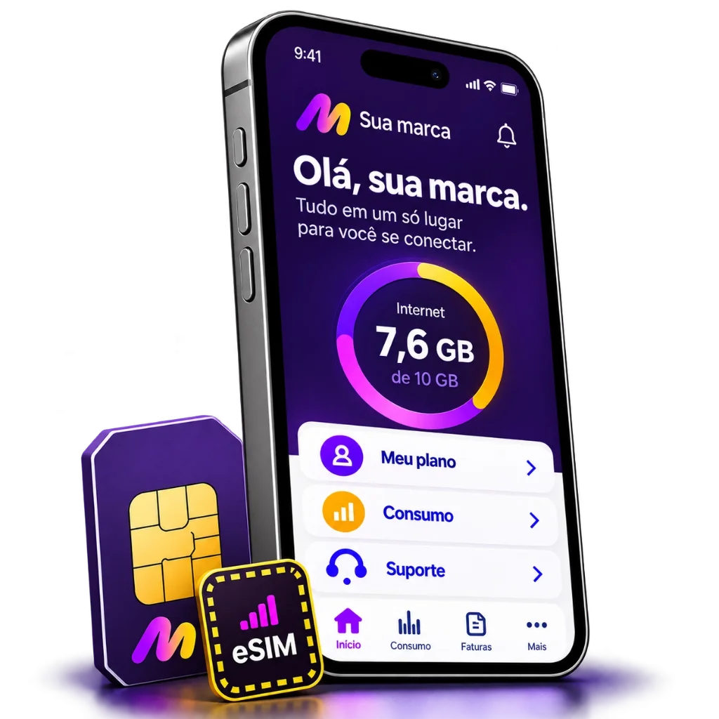 Aplicativo da operadora com a marca do cliente, mostrando consumo de internet e o menu de plano, consumo e suporte, ao lado de um chip e um eSIM